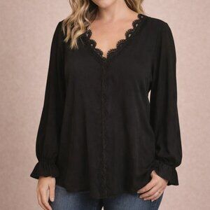 Miss Sparkling Black Lace V-Neck Blouse Large | Boho Romantic Peasant Top NWOT